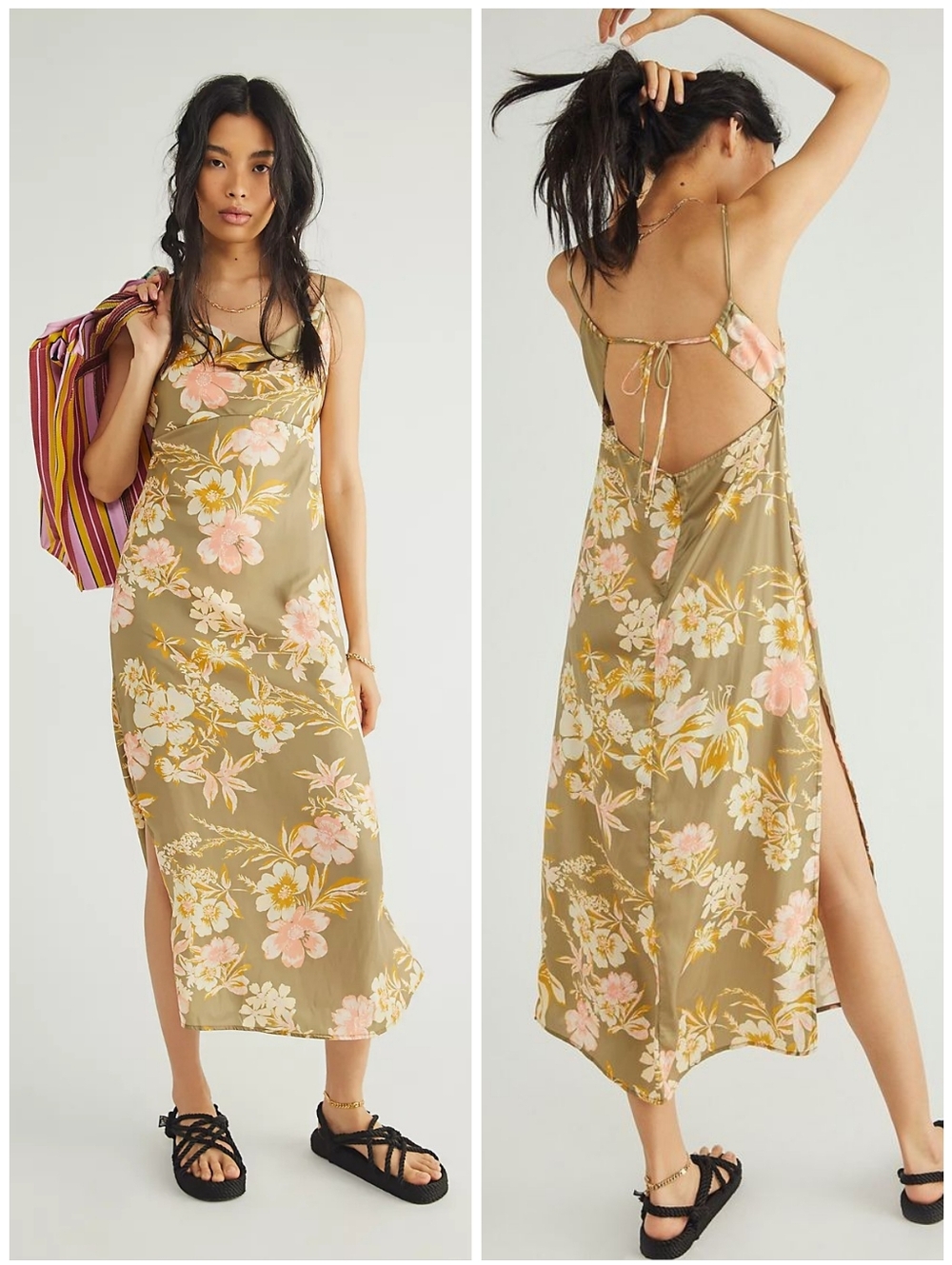 Free People Ella Green Floral Print Cowl Neck Open Back Satin Slit Midi Dress